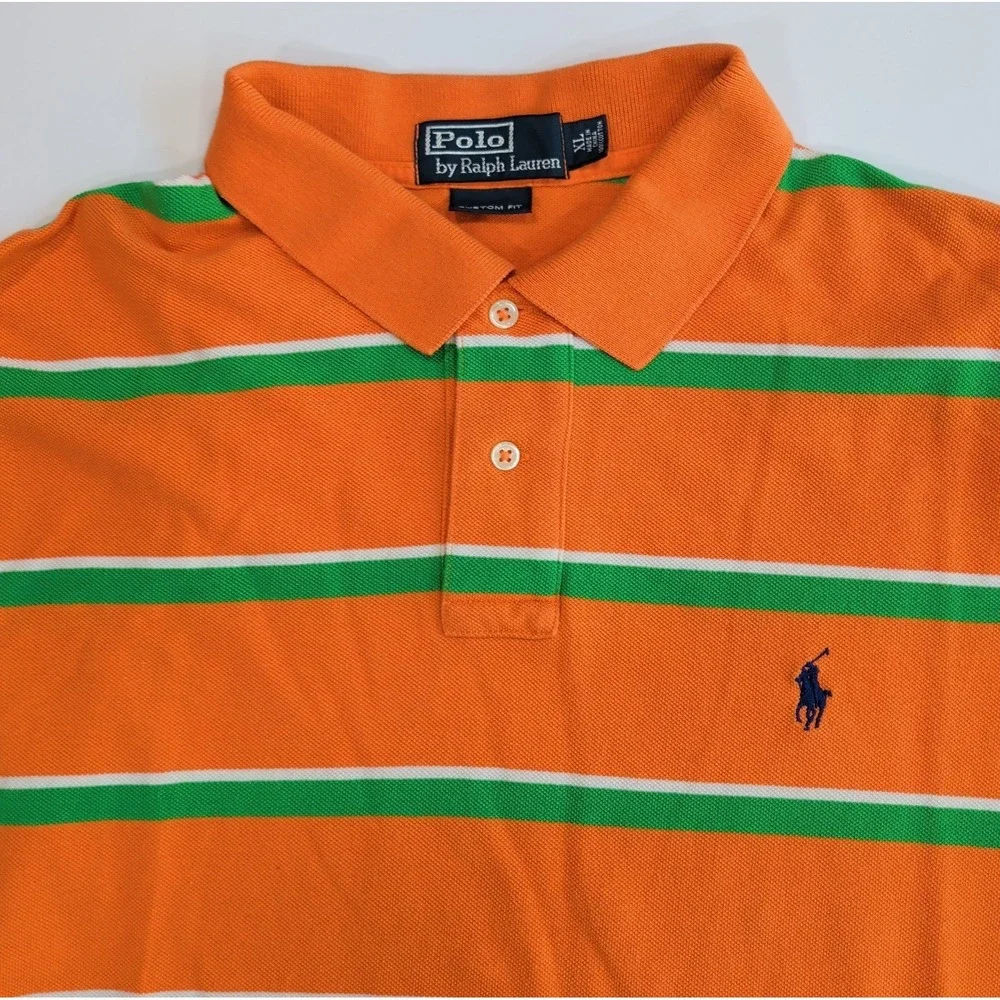 Vintage Ralph Lauren Polo Shirt Mens XL Orange Green Striped Custom Fit Preppy